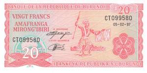 Burundi p27d 20 Francs 1997
